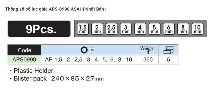Bộ lục giác bi loại dài 1.5-10mm Asahi